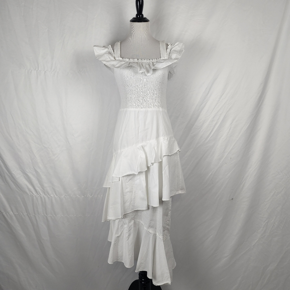 Chelsea 28 Ruffle Smocked Cold Shoulder Crisp White Stretch Dress, XS x small